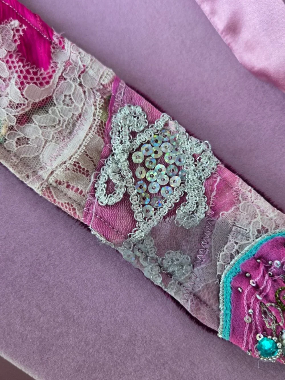 Handmade Pink and Fuchsia Embroidered Rose Patchwork Quilted Hair Sash